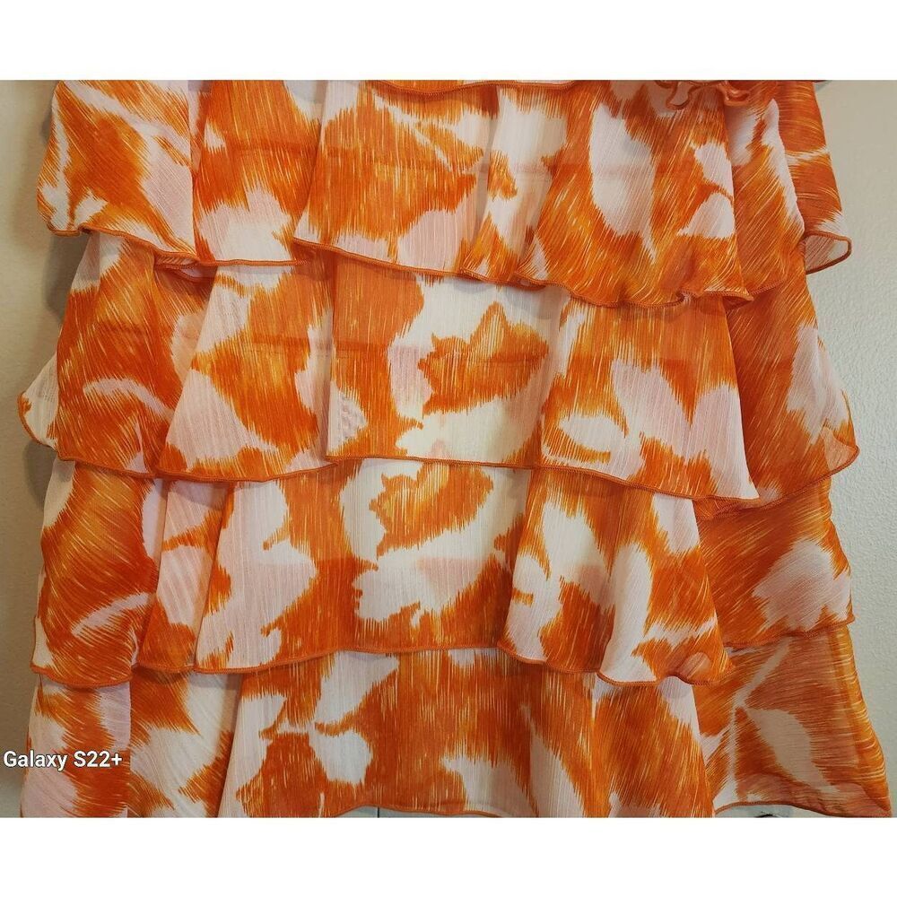 F21 Ninety ruffly orange and white floral blouse sleeveless tank w/straps - Picture 5 of 9